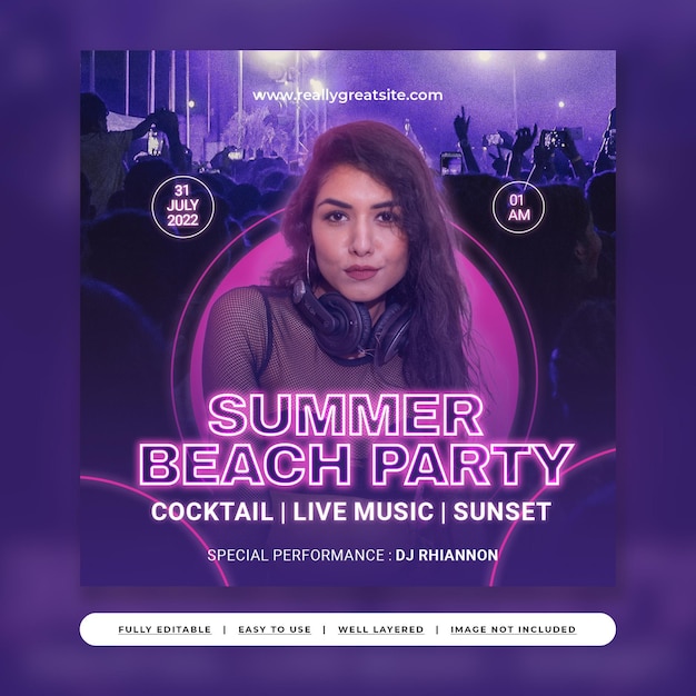 PSD Темно-фиолетовая неоновая вечеринка rave promotion шаблон поста в instagram