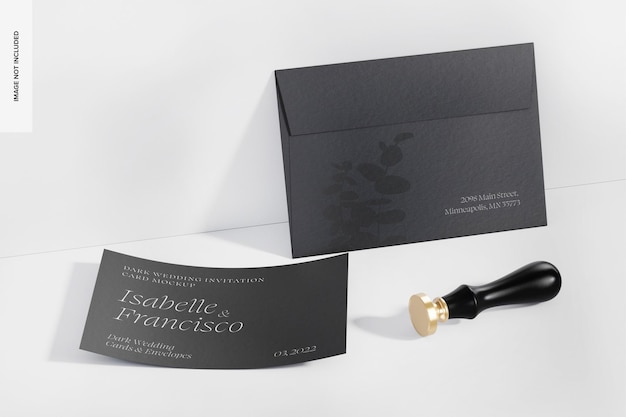 Dark wedding invitation card mockup, appoggiato