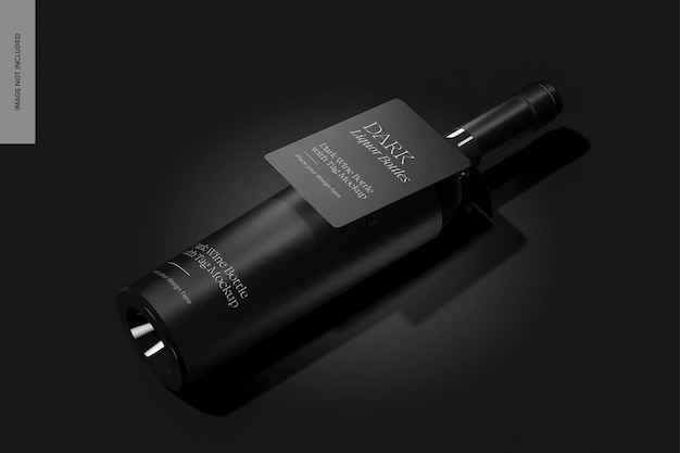 Dark wine bottle with tag mockup, perspective