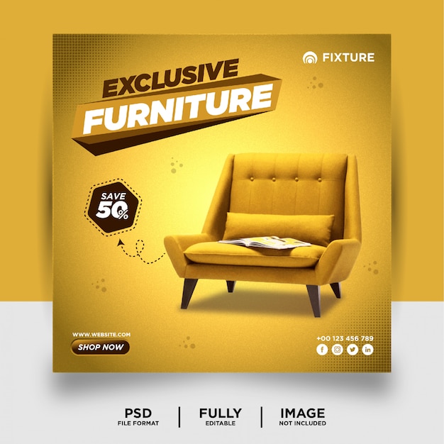PSD Темно-желтый цвет эксклюзивный мебельный продукт social media post banner