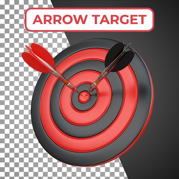 PSD dart arrow hitting the target center of the dartboard 3d render