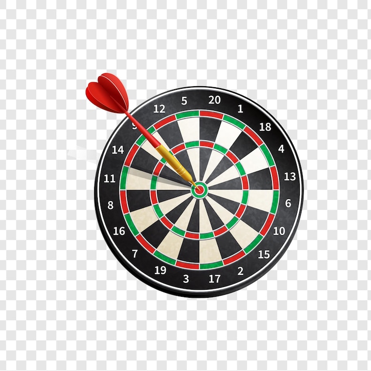 PSD dart en dartboard richten op de bullseye geïsoleerd op transparante achtergrond