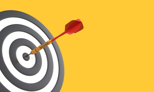 PSD dart hitting a target on the center on yellow background with copy space 3d render illustration