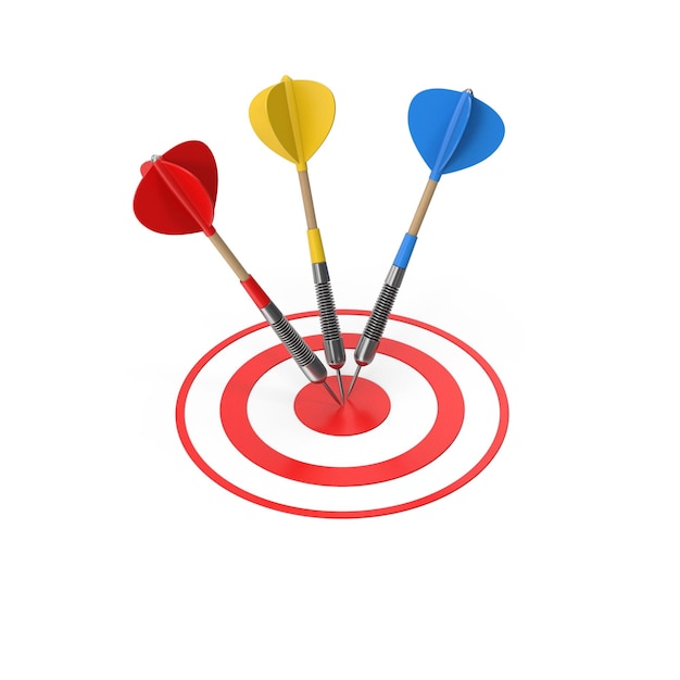 Darts hitting the bullseye on a target