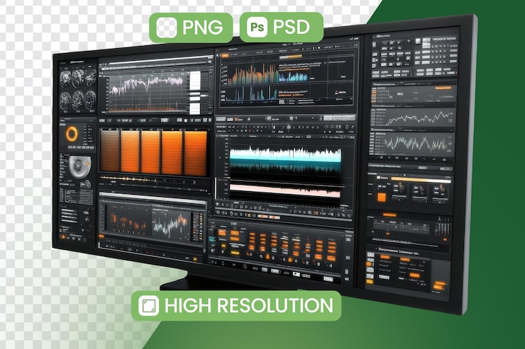 PSD приборная панель, показывающая различные анализы данных и визуализацию комплексный интерфейс с диаграммами, графиками и числовой информацией концепция науки о данных