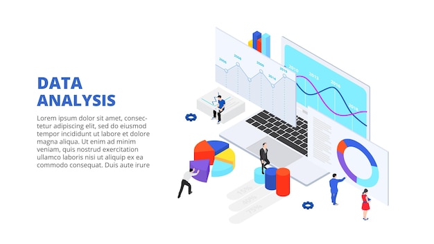 PSD 人とラップトップのアイソメ図を使用したデータ分析デザイン コンセプト
