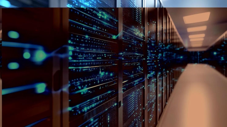 PSD data center server room with glowing network connections