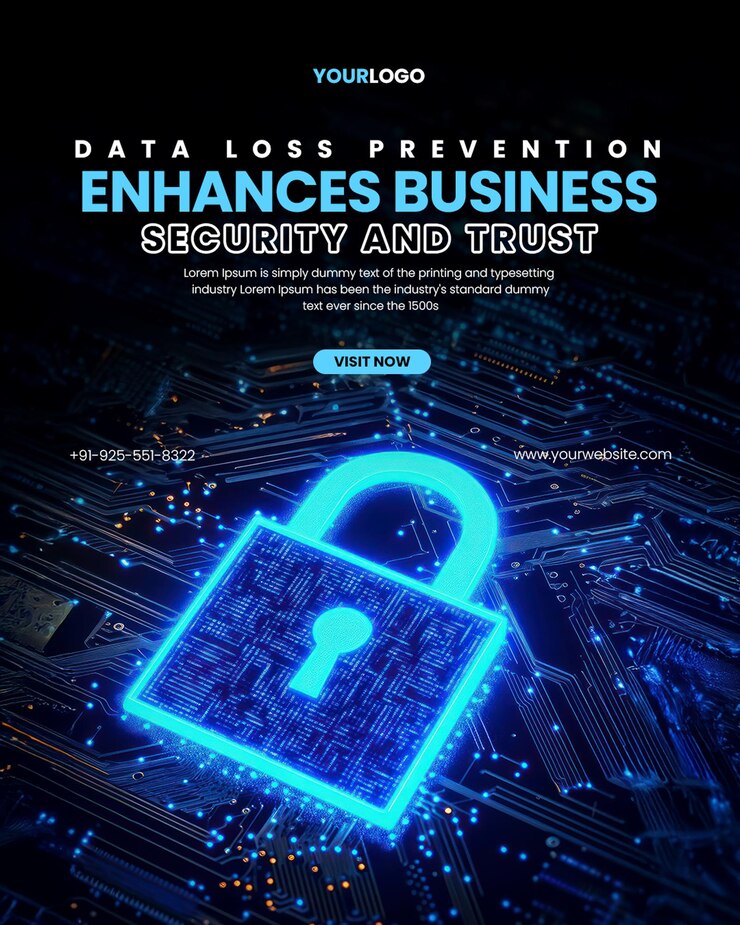 PSD data leakage endpoint security poster template with a blue glowing digital lock on an intricate circuit board
