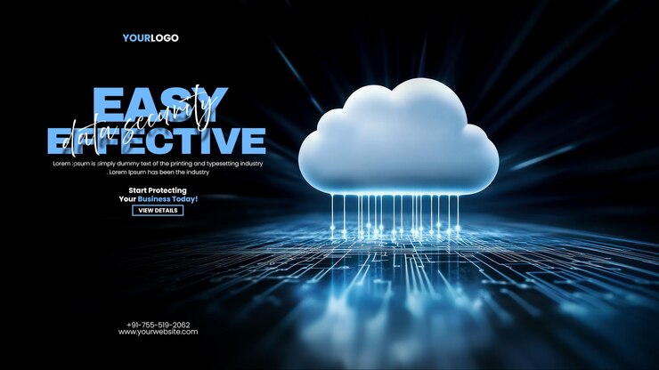 PSD data protection cloud backup banner template with white cloud hovering over an electronic circuit board with glowing lines