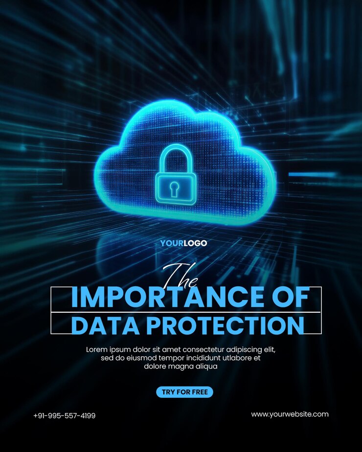 PSD data security compliance standards poster template with a glowing blue cloud with a lock symbol floats on a digital background