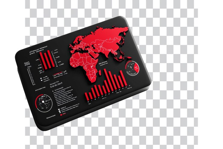 PSD data visualization with world map and analytical graphs in red