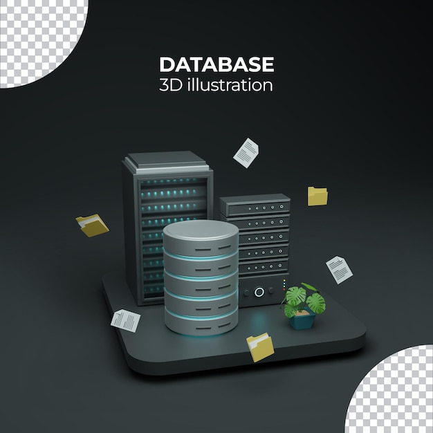 PSD database server room 3d illustrazione sul podio