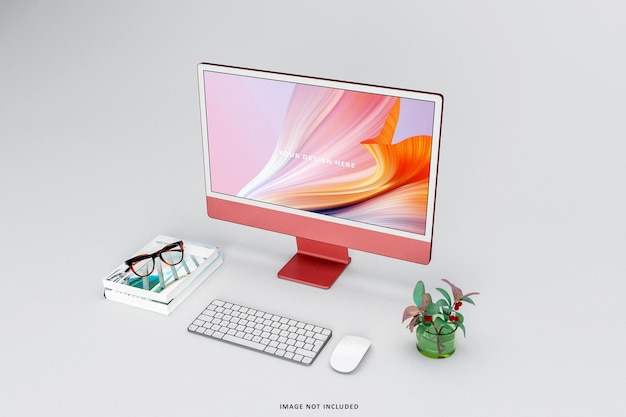 Dataskjerm mockup med minimalistisk dekorasjon