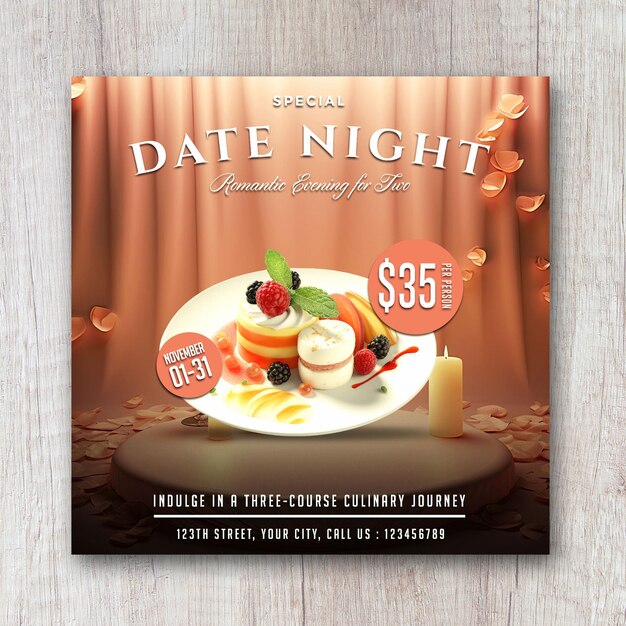 Date night special food menu restaurant flyer social media banner