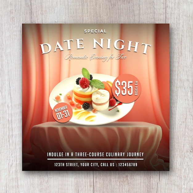 Date night special food menu restaurant flyer social media banner