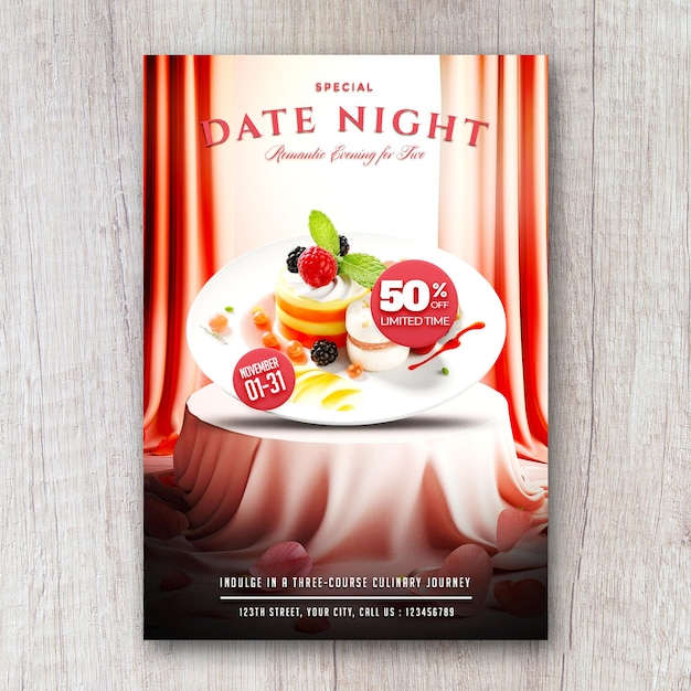 데이트 밤 특별 음식 메뉴 레스토랑 전단지 소셜 미디어 배너