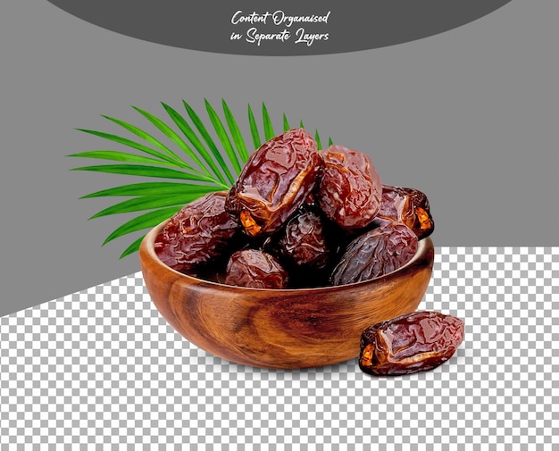 PSD dates plum fruit khejur in wooden bowl isolated on transparent background