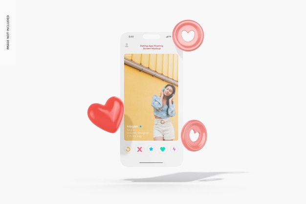 PSD dating app floating screen mockup, front view