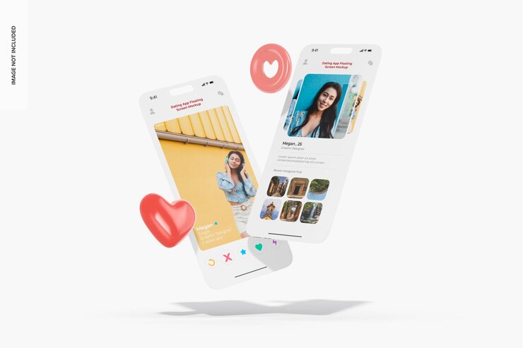 PSD 出会い系アプリのフローティング画面モックアップ、フローティング
