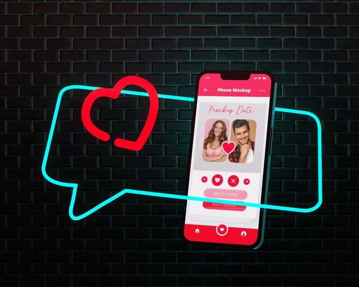PSD dating app for smartphone with neon and brick background