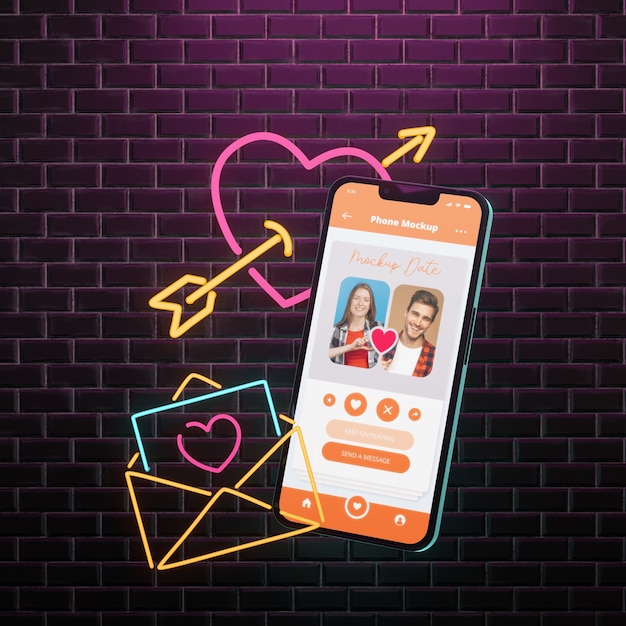 PSD dating app for smartphone with neon and brick background