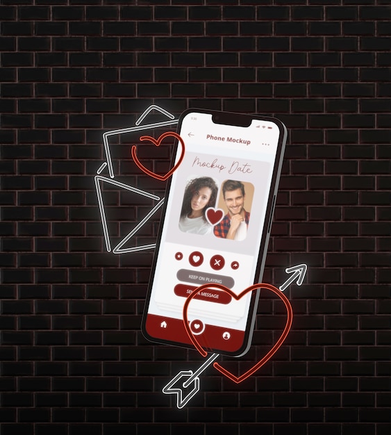 PSD dating app for smartphone with neon and brick background