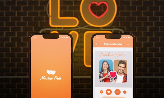 PSD dating app voor smartphone met neon en bakstenen achtergrond