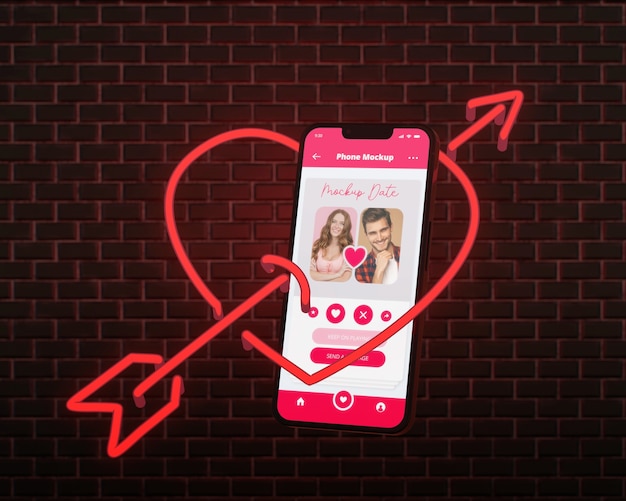 PSD dating app voor smartphone met neon en bakstenen achtergrond