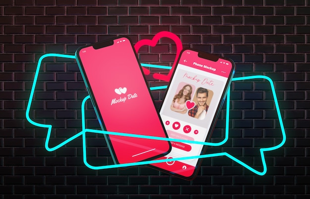PSD dating app voor smartphone met neon en bakstenen achtergrond
