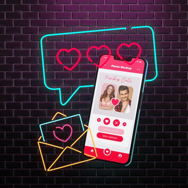 PSD dating app voor smartphone met neon en bakstenen achtergrond