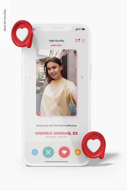 PSD dating app with text globes mockup, front view