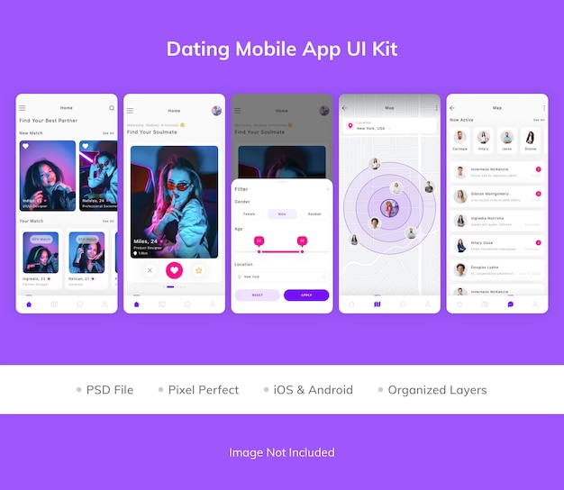 PSD Комплект пользовательского интерфейса мобильного приложения для знакомств
