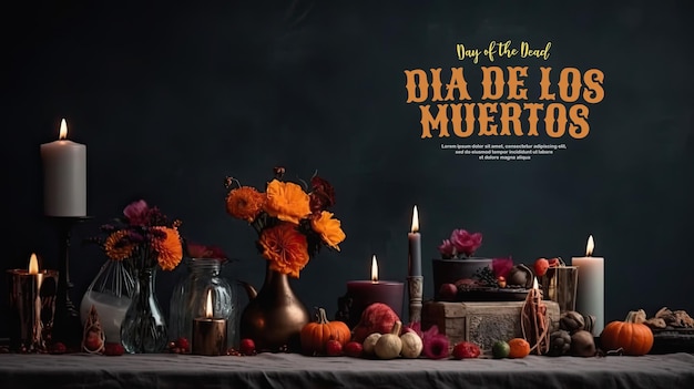 Day of the dead background with ornaments of candles and flowers and spooky light