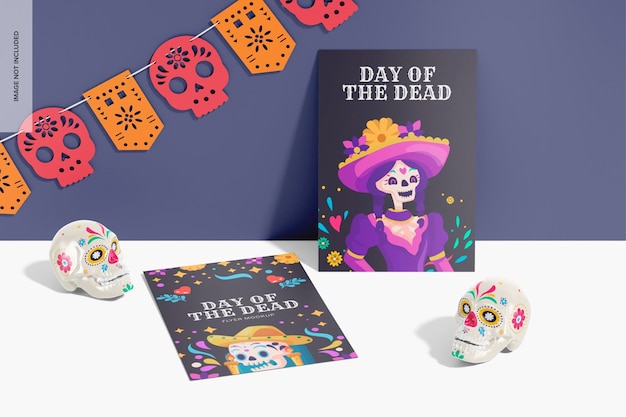 Day of the dead flyers mockup, standing and dropped