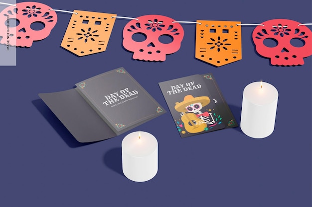 Day of the dead greeting cards mockup, perspective