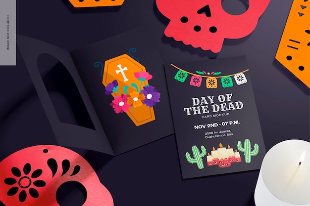 Day of the dead invitation card mockup, top view