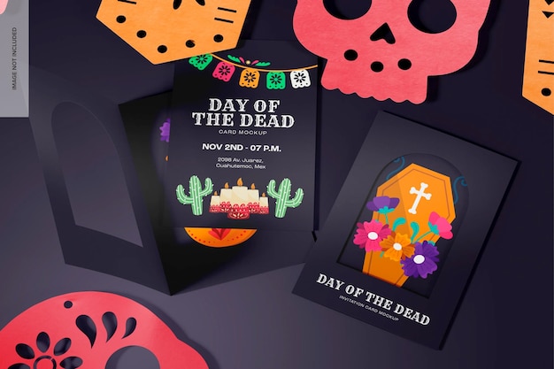 PSD day of the dead invitation cards mockup, opened and closed