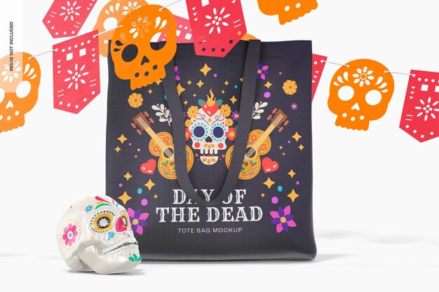 PSD day of the dead tote bag mockup, front view