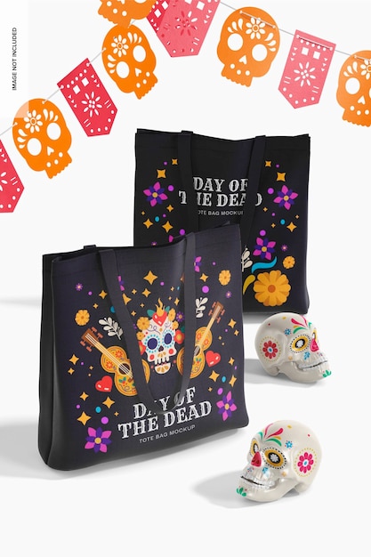 PSD day of the dead tote bags mockup, left and right view