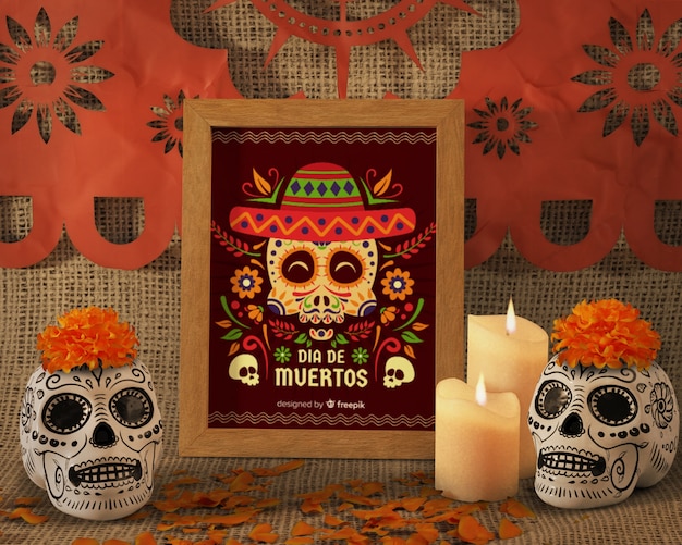 PSD day of the dead traditional mexican floral skulls front view