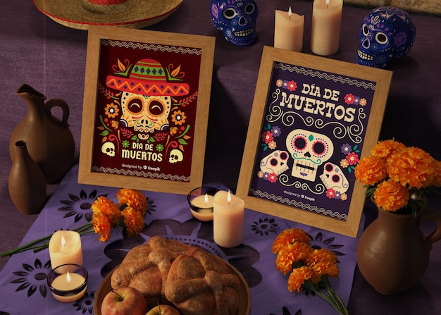 day of dead traditional mexican mock-ups with flowers
