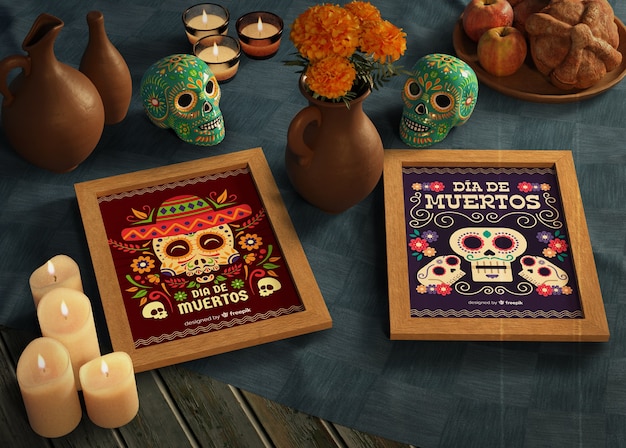 Day of dead traditional mexican mock-ups with skulls