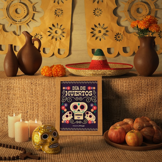 PSD 死んだ伝統的なメキシコのソンブレロと花の頭蓋骨のモックアップの日