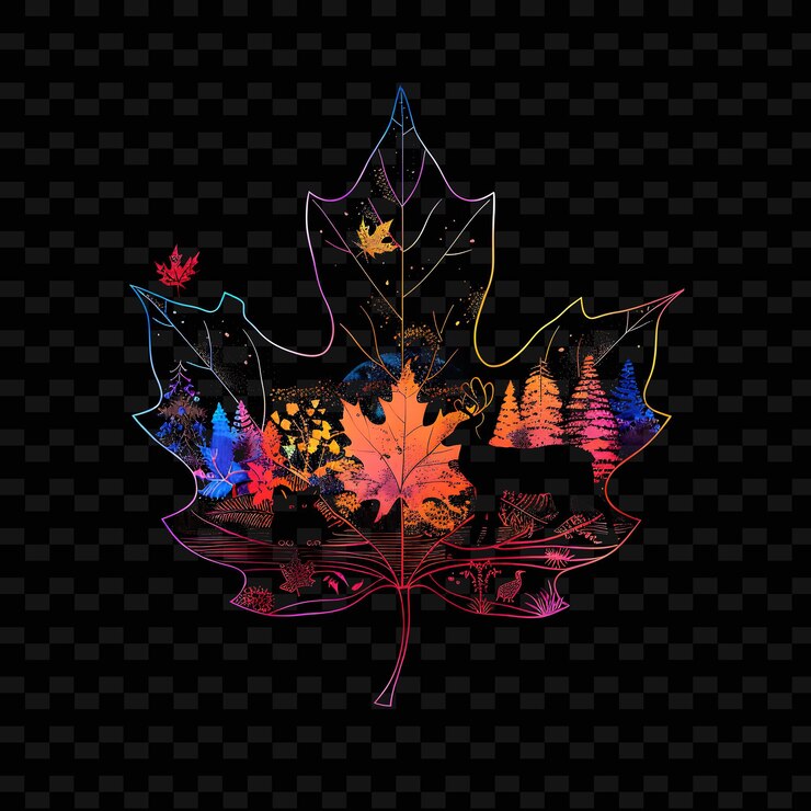 PSD dazzling neon autumn forest inside a silhouette leaf landsca png y2k fairy tale inspired designs