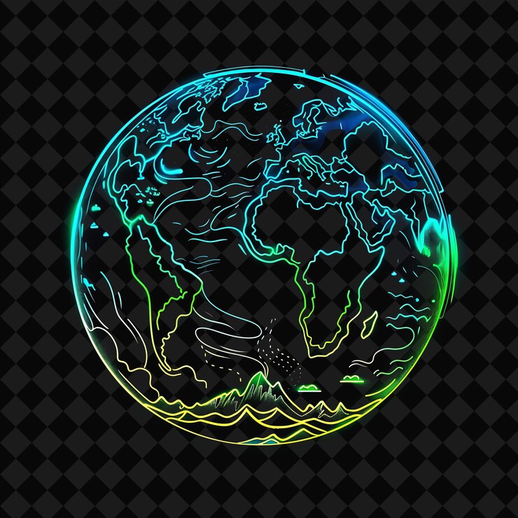 PSD dazzling neon effect on the earth with a circular silhouette png y2k neon space designs