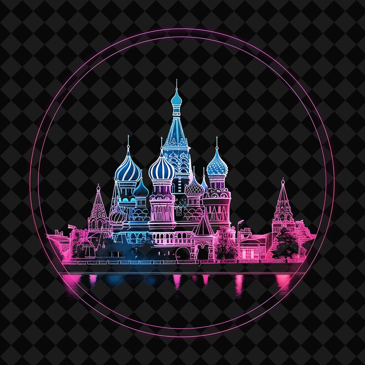 PSD ネオンモスクワパノラマ インサイド・ア・シルエット・サークル ラン・ピンク・ヤンケン モノリン・シティスケープ・コラージュ アート