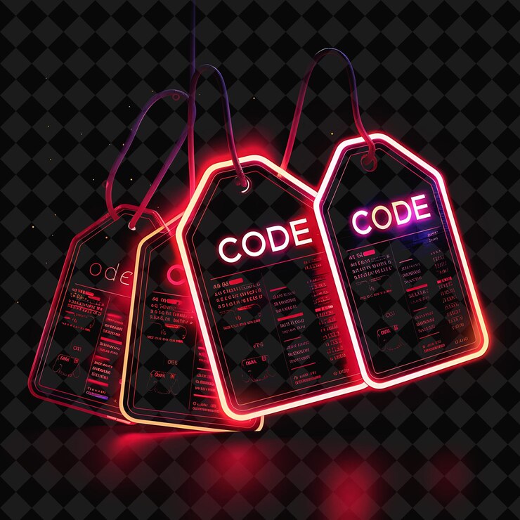 PSD dazzling neon tags of code text with neon red and black colo png y2k inspired neon decorative