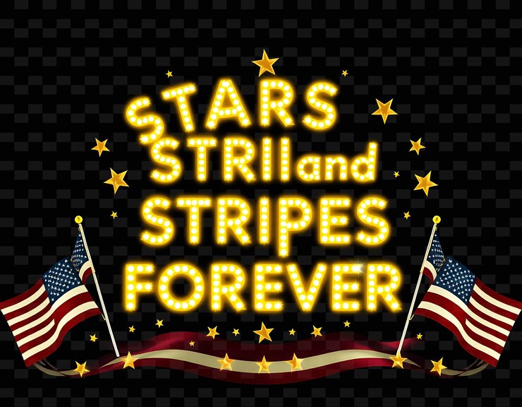 PSD dazzling stars and stripes forever text gleams with neon yellow and golden yellow surrounded by amer