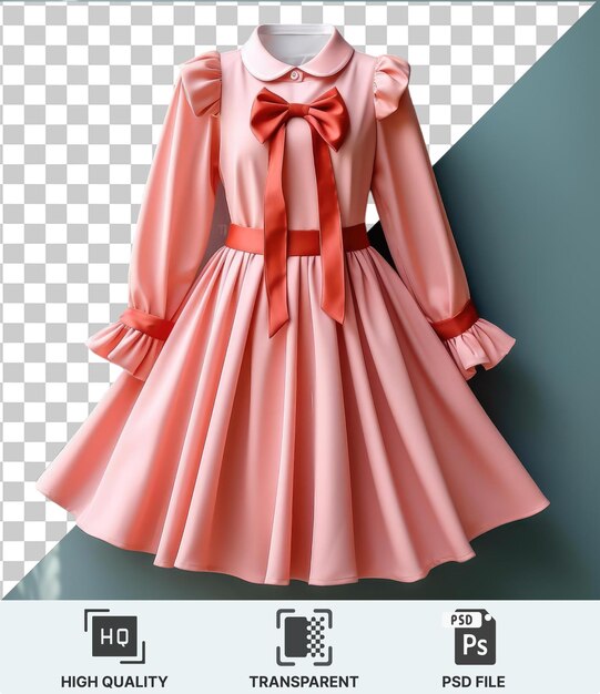 PSD de afbeelding toont een verzameling kledingstukken, waaronder een roze jurk en een rode strik, weergegeven tegen een lichtblauwe en blauwe muur. de kledingstukken omvatten een rode en roze rok en een roze