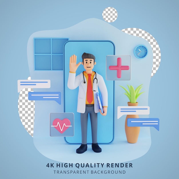 De arts communiceert met de patiënt via 3D-karakterillustratie van de mobiele telefoon